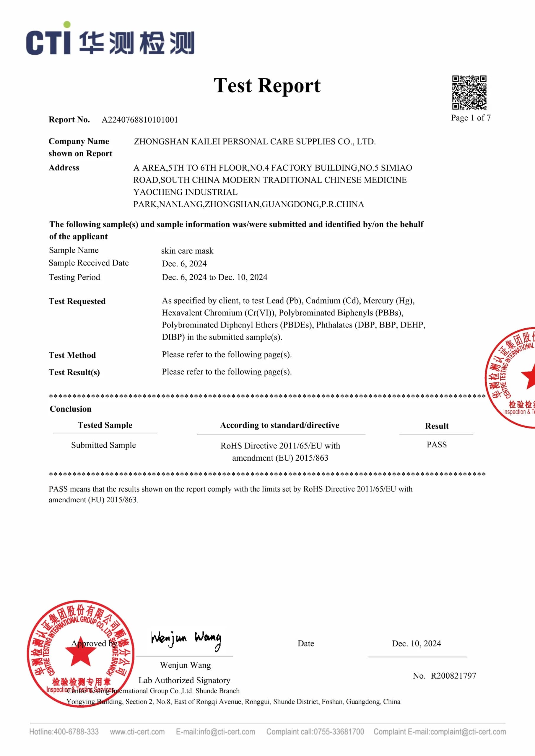 CALLA RoHS Test Report — official compliance document